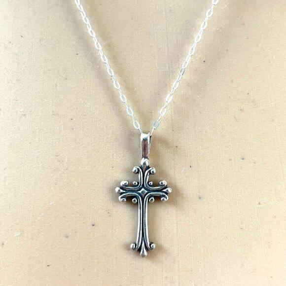 Sterling Silver Cross Necklace USA Made Pendant 925 28x12.5mm 18in Cable Chain - Picture 4 of 12